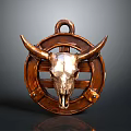 Decorative Bull Skull Hanging Ornament With Circular Wooden Frame And Metallic Accents