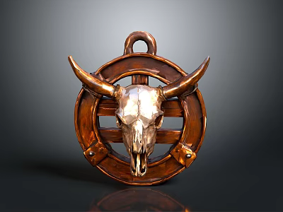Decorative Bull Skull Hanging Ornament With Circular Wooden Frame And Metallic Accents 3d model