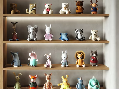 Colorful Plush Stuffed Animals on Wooden Shelves with Various Animal Characters 3d model