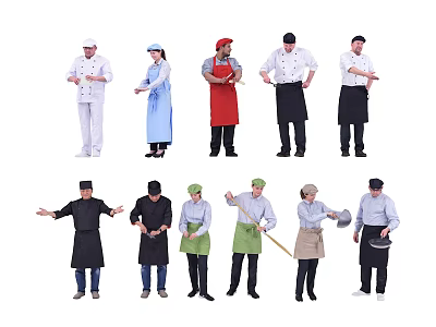 Group of Professional Chefs in Diverse Uniforms and Aprons Showing Various Cooking Poses 3d model