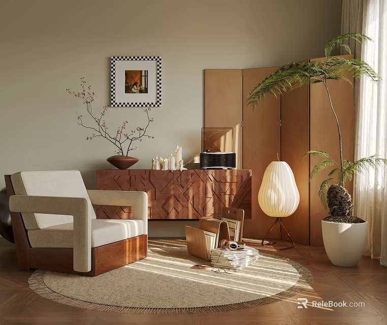 Cozy Modern Living Room With Floor Lamp And Decor 3d model 