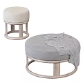 Brown Black Leather And Beige Grey Suede Round Stools With Wooden Base And Blanket