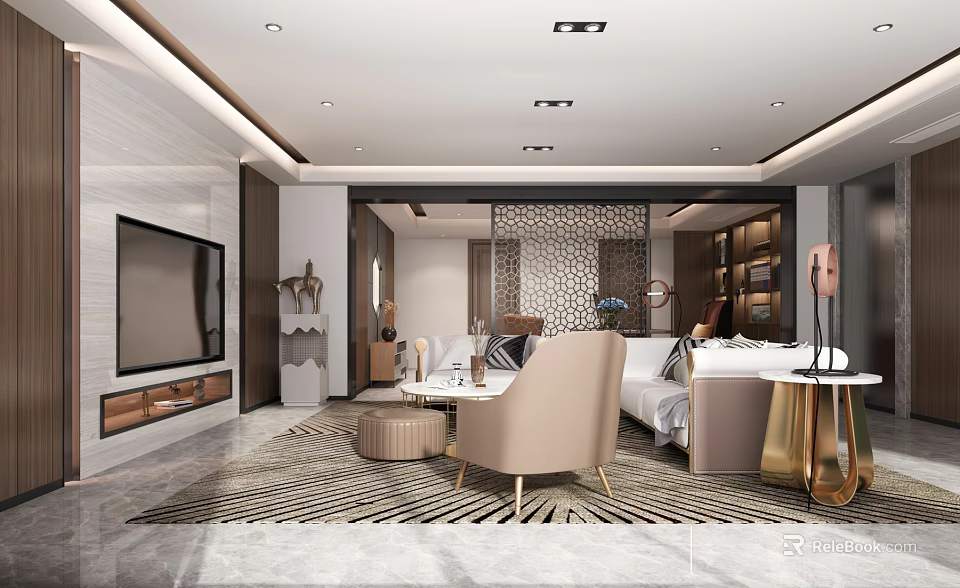 Elegant Modern Living Room Interior With Sofa TV Wall Geometric Rug And Gold Accents 3d model 