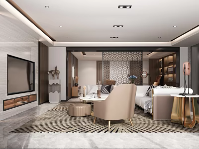 Elegant Modern Living Room Interior With Sofa TV Wall Geometric Rug And Gold Accents 3d model
