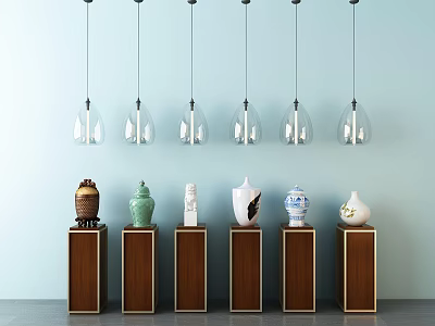 Exhibition of Ceramic Vessels on Wooden Stands with Hanging Glass Pendants Against Light Blue Wall 3d model