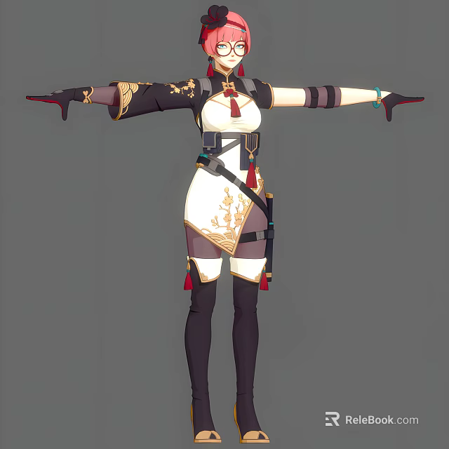 Game and Movie Character in Ornate White Gold Outfit with Black Long Boots Arms Outstretched 3d model 