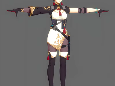 Game and Movie Character in Ornate White Gold Outfit with Black Long Boots Arms Outstretched 3d model