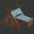 Traditional Wooden Architectural Model With Triangular Roof Carved Top Decorations And Colored Roof Sections