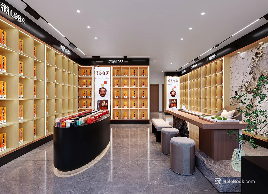 Tobacco and Alcohol Store Interior Design with Shelves Displaying Liquor and Cigarette Products 3d model 