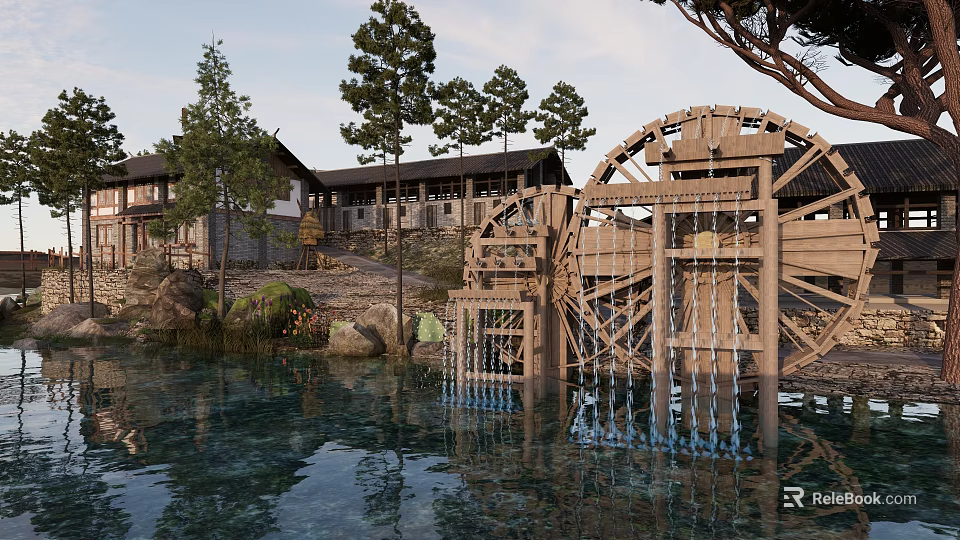 Scenic Ancient Traditional Buildings With Wooden Waterwheel By Riverside And Trees 3d model 