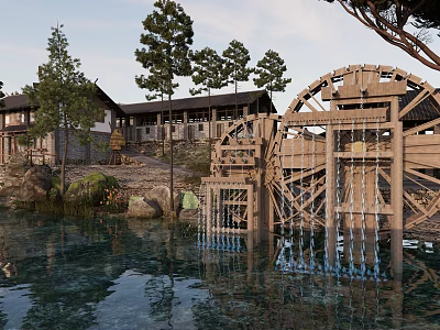 Scenic Ancient Traditional Buildings With Wooden Waterwheel By Riverside And Trees 3d model