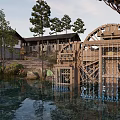 Scenic Ancient Traditional Buildings With Wooden Waterwheel By Riverside And Trees