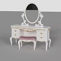 White Dressing Table With Gold Accents Oval Mirror Carved Design And Pink Upholstered Stool
