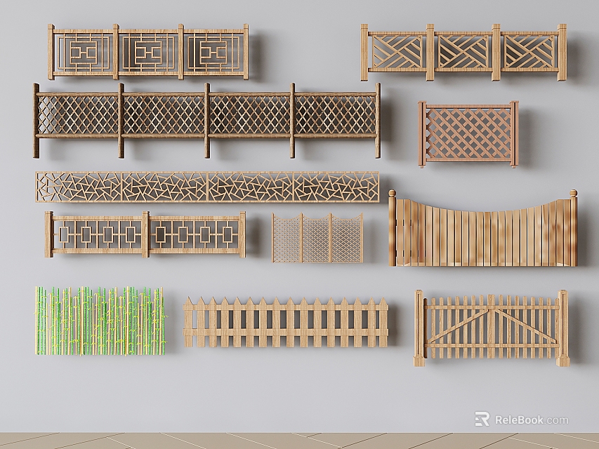 Various Decorative Wooden Fence Designs Including Lattice Slatted and Bamboo Styles 3d model 