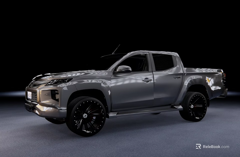 Gray Modern Pickup Truck with Sleek Exterior Design and Black Alloy Wheels on Dark Background 3d model 