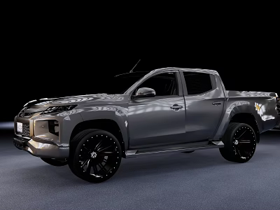 Gray Modern Pickup Truck with Sleek Exterior Design and Black Alloy Wheels on Dark Background 3d model