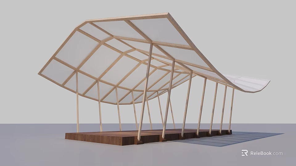 Innovative Art Installation Featuring Wooden Frame Transparent Canopy Support Columns And Platform 3d model 