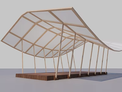 Innovative Art Installation Featuring Wooden Frame Transparent Canopy Support Columns And Platform 3d model