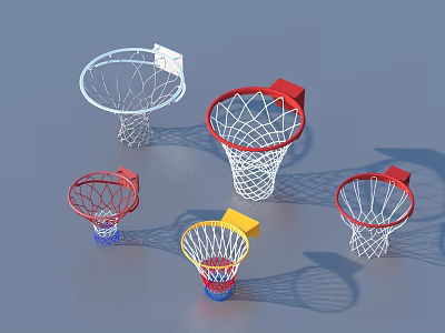 Different Sizes Basketball Hoops With Red White Yellow Rims And Nets On Gray Background 3d model