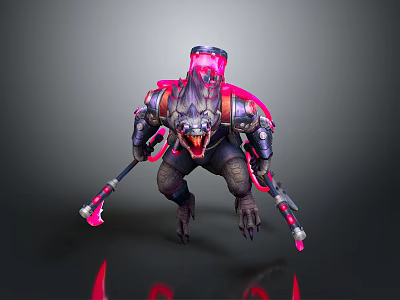 Dark Armored Monster Game Movie Character With Glowing Pink Weapons Sharp Fangs And Crouching Stance 3d model