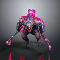 Dark Armored Monster Game Movie Character With Glowing Pink Weapons Sharp Fangs And Crouching Stance