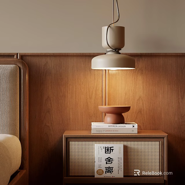 Minimalist Wooden Nightstand With Table Lamp Ceramic Bowl And Books 3d model 