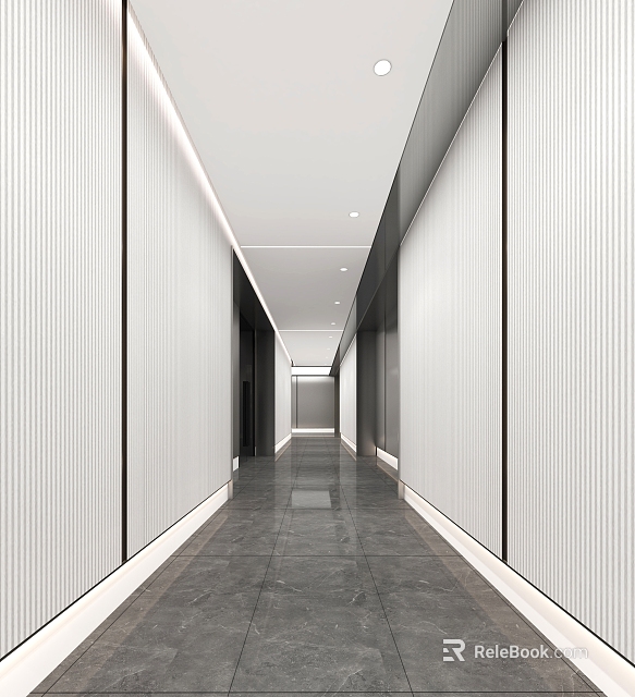 Modern Elevator Corridor With Textured Walls Ceiling Lights And Polished Floors 3d model 