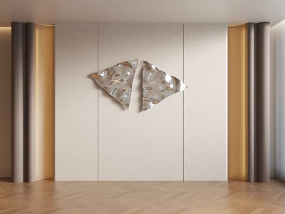 Modern Metallic Wall Art Ornament Design With Light Colored Wall Wooden Floor And Columns 3d model