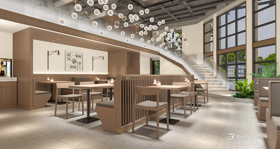 Modern Restaurant Interior With Wooden Booth Seats Pendant Lights Staircase And Large Windows 3d model 
