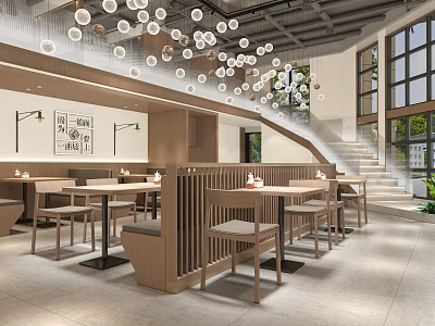 Modern Restaurant Interior With Wooden Booth Seats Pendant Lights Staircase And Large Windows 3d model