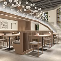 Modern Restaurant Interior With Wooden Booth Seats Pendant Lights Staircase And Large Windows
