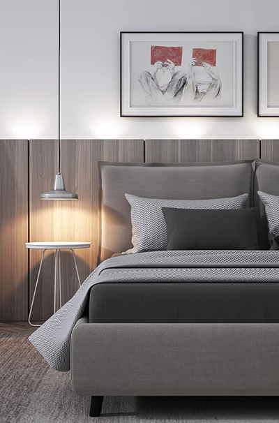 Modern Bedroom Interior With Double Bed Gray Headboard Pillows And Wall Art 3d model
