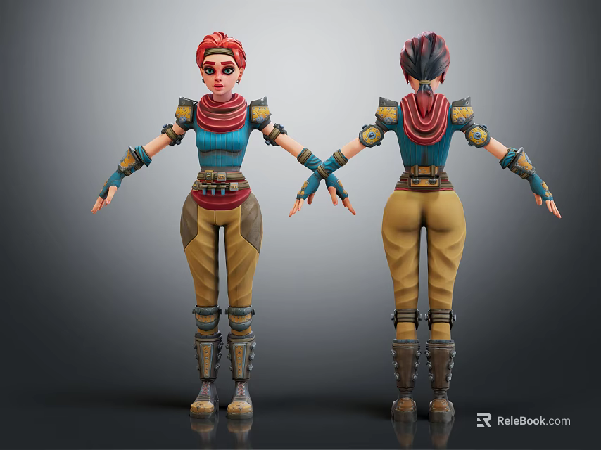 3D Character With Red Hair Scarf Blue Top Brown Pants Mechanical Arms Front Back Views 3d model 