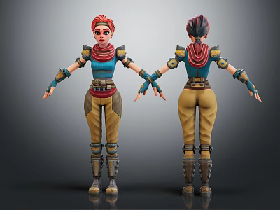 3D Character With Red Hair Scarf Blue Top Brown Pants Mechanical Arms Front Back Views 3d model
