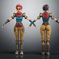 3D Character With Red Hair Scarf Blue Top Brown Pants Mechanical Arms Front Back Views
