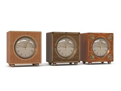 Three Wooden Mantel Clocks With Carved Accents And Round Roman Numeral Dials 3d model