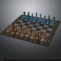 Ornate Chessboard With Blue And Brown Chess Pieces On Checkerboard Pattern