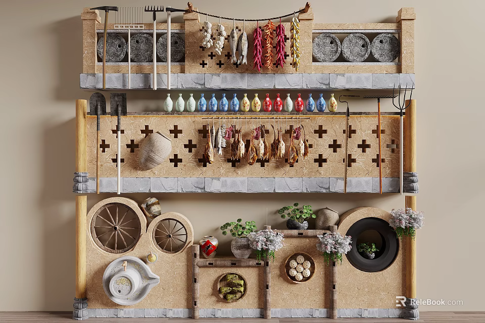 Traditional Rustic Feature Wall with Hanging Tools Dried Chilies Colorful Bottles and Wheel Decor 3d model 