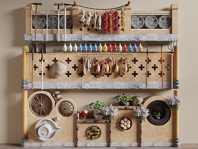 Traditional Rustic Feature Wall with Hanging Tools Dried Chilies Colorful Bottles and Wheel Decor 3d model