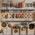 Traditional Rustic Feature Wall with Hanging Tools Dried Chilies Colorful Bottles and Wheel Decor