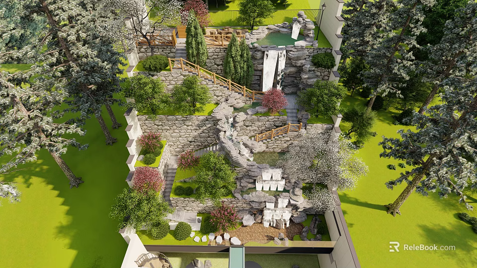 Courtyard Garden Design With Stone Wall Steps Lush Greenery Trees And Wooden Seating 3d model 
