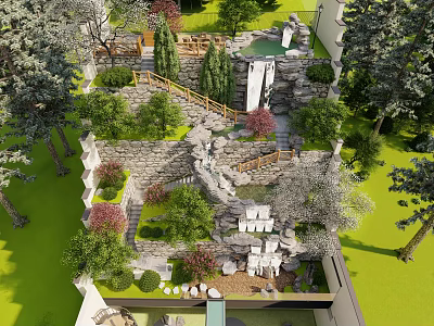 Courtyard Garden Design With Stone Wall Steps Lush Greenery Trees And Wooden Seating 3d model