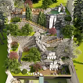 Courtyard Garden Design With Stone Wall Steps Lush Greenery Trees And Wooden Seating