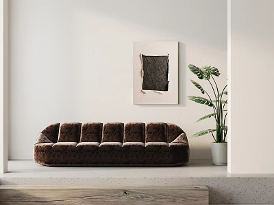 Brown Plush Multi Seater Sofa With Wall Art Green Plant In Living Room 3d model