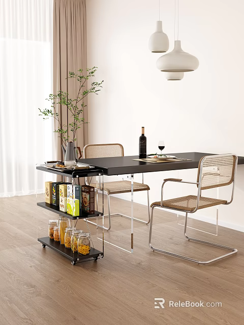Stylish Black Dining Table Set With Wicker Chairs Shelf Green Plant And Wine Bottle 3d model 
