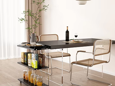 Stylish Black Dining Table Set With Wicker Chairs Shelf Green Plant And Wine Bottle 3d model