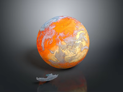 Orange And White Planet With Swirled Patterns And Broken Spaceship Debris 3d model