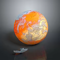 Orange And White Planet With Swirled Patterns And Broken Spaceship Debris