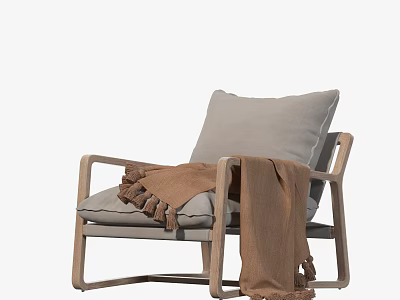 Modern Minimalist Leisure Chair With Wooden Frame Gray Cushion And Brown Throw Blanket 3d model