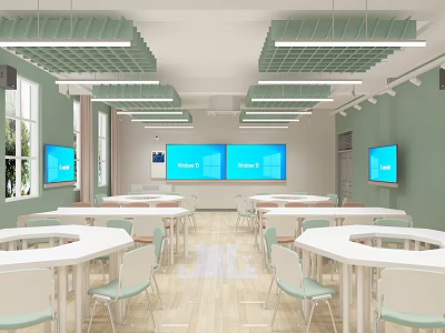 School Modern Open Classroom With White Tables Chairs Blue Screens Green Ceiling And Windows 3d model